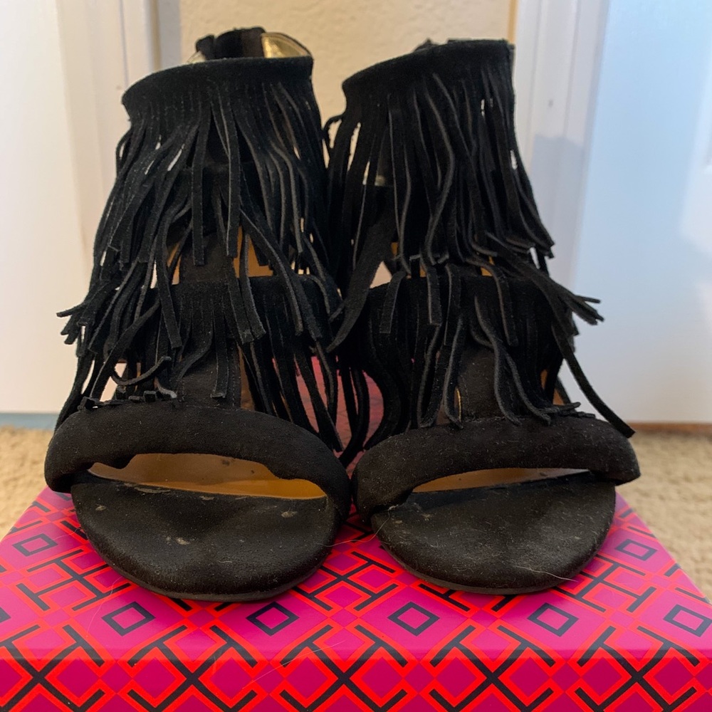 Material Girl Black Zip Up Wedges w Fringe 8
